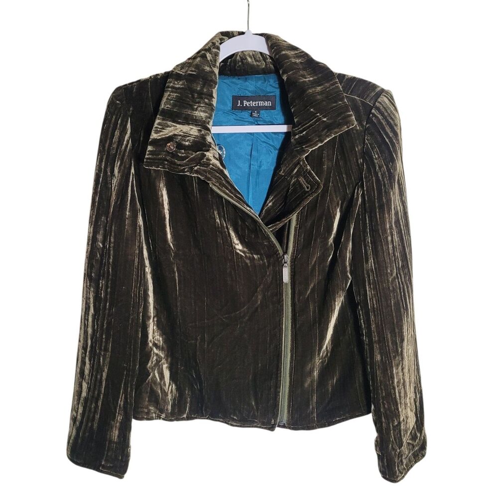 J. Peterman Velvet Moto Jacket Women's Sz 4 Green Rayon Silk Blend Formal Career